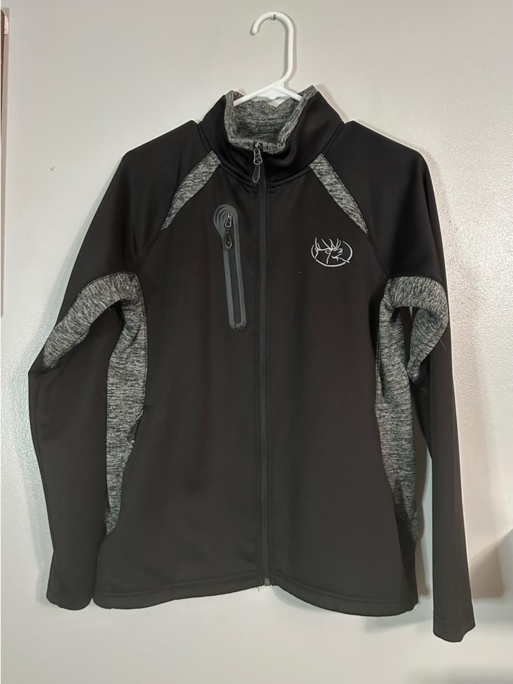 Black Softshell Jacket with Heather Gray Panels and Zip Chest Pocket